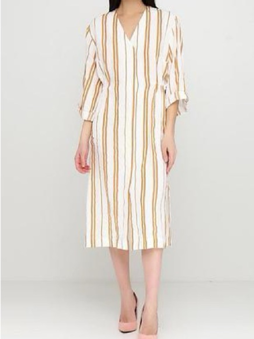Striped linen V-Neck H&M Midi Dress in White and Mustard, Size S